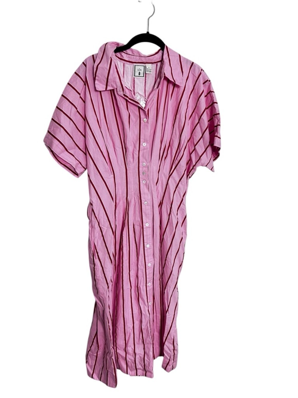 LEA Pink Striped Cotton Shirt Dress Smocked Waist Pockets Size Large